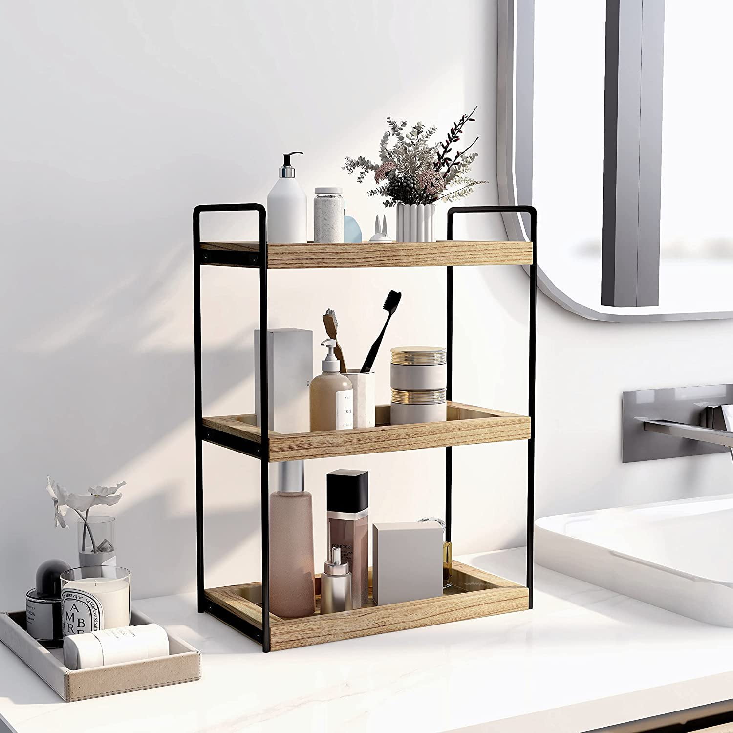 ZeenArt 3-Tier Bathroom Counter Organizer, Wood Countertop Storage Shelf for Kitchen Bedroom Offices