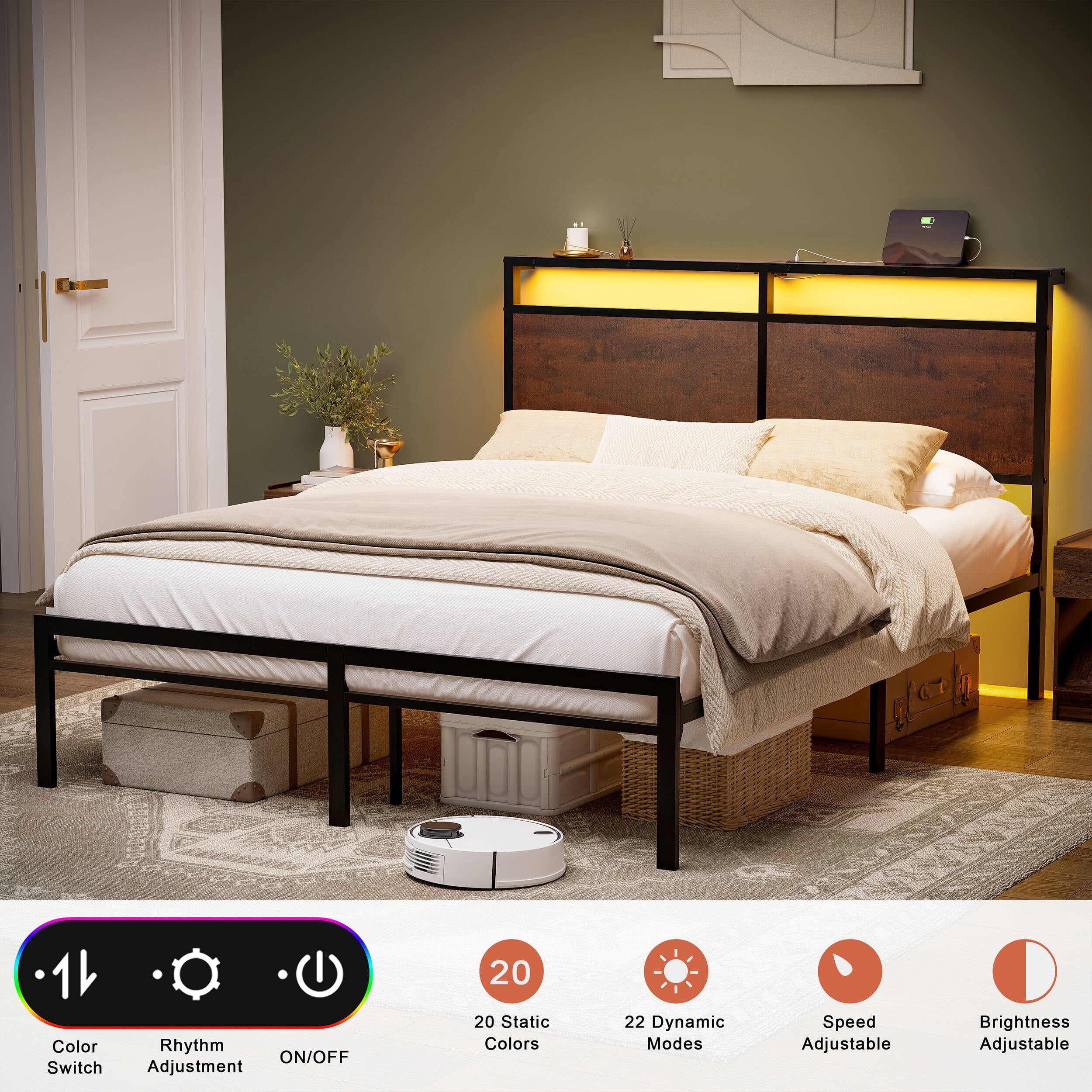 GUNAITO Queen Bed Frame with Headboard Metal Platform Bed with LED Lights and Charging Station, Rustic Brown