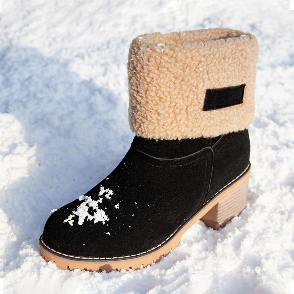 Women Foldable Faux Suede Cuff Winter Ankle Booties, Chunky Block Heel Warm Anti-Slip Casual Outdoor Boots