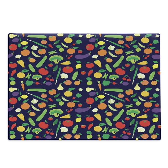 Food Cutting Board, Repetitive Pattern of Vegetables and Fruits in Cartoon Design Organic Health, Decorative Tempered Glass Cutting and Serving Board, in 3 Sizes, by Ambesonne