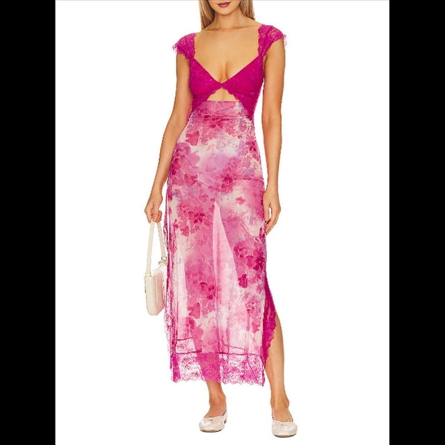 Vestidos Largos de Verano Y2K con Encaje, Retazos, , Estampado Floral, Escote Corazón, Espalda Descubierta y Abertura para Mujer Rosa Roja S