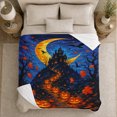 thumbnail image 5 of Haunted Castle Halloween Night Glowing Pumpkins Dark Blue, Festive Halloween Scene, Warm Flannel Blanket for Living Room and Reading Nook, Art Lovers Halloween Gift, Festive Home Decor, 5 of 9