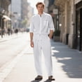 thumbnail image 2 of UVEASISHA Mens Linen Pants Sets Vacation Beach Outfits 2 Piece Summer Long Sleeve Button Down Shirt and Loose Slacks Matching Set with Pockets White L, 2 of 10