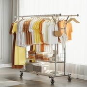 HOKEEPER 670lbs Heavy Duty Double Clothing Garment Rack with Shelves and Metal Basket Clothing Racks on Wheels Rolling Clothes Rack for Hanging Clothes Commercial Grade