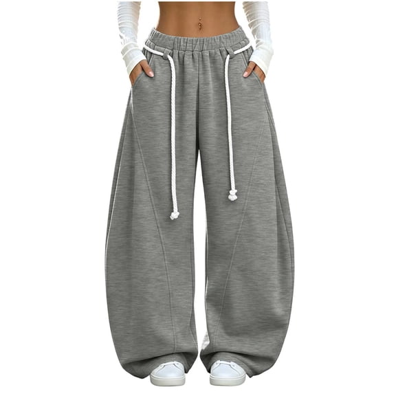 hlysgo Womens Baggy Barrel Sweatpants Rope Wide Leg Pants Elastic Waist Oversized Streetwear Trousers with Deep Pockets Gray,L