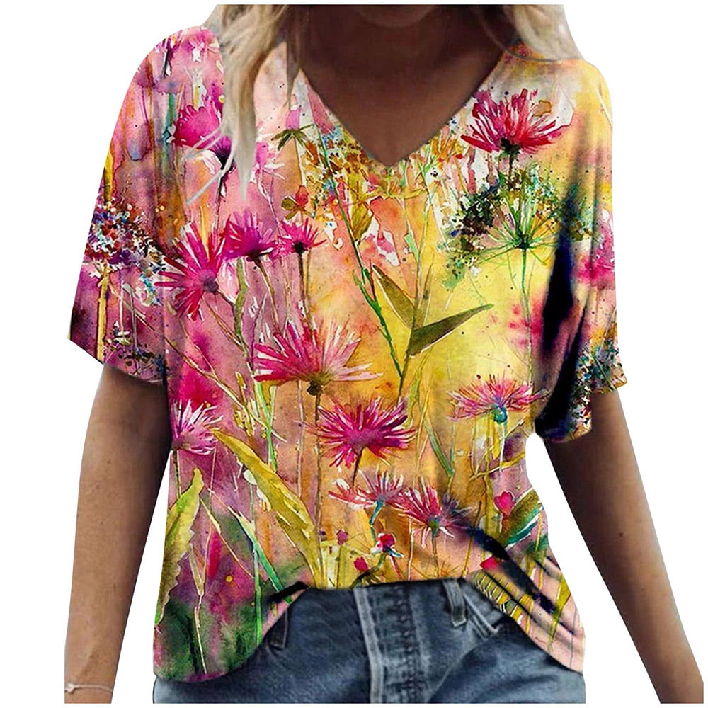 T Shirt for Women Plus Size Womens Short Sleeve V Neck Casual Blouse Tops T Shirts Women Graphic Oversized 