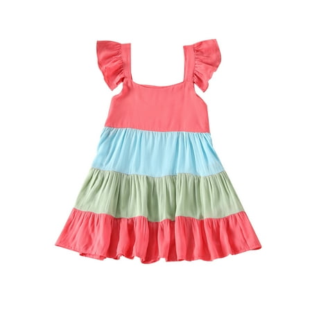 

Nokpsedcb Summer Toddler Girls Dress Colorful Striped Fly Sleeve Pleated Long Skirt Holiday Sundress Pink 4-5 Years