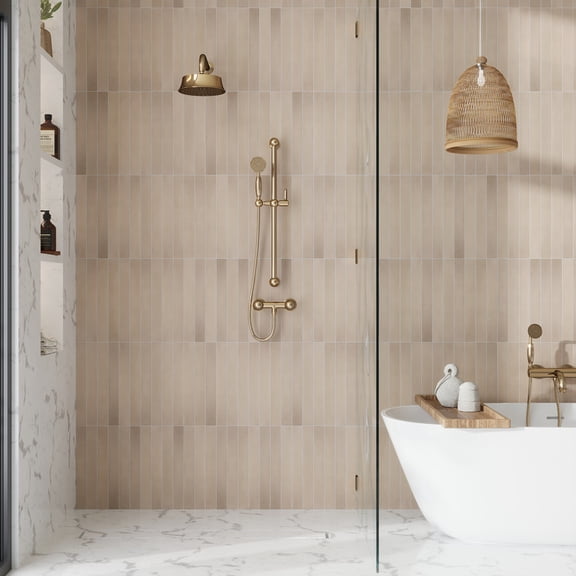 ArmonĂa 2x16 in. Warm Greige Matte Porcelain Elongated Subway Wall and Floor Tile (10.76 sq ft/case, 50-Pack)