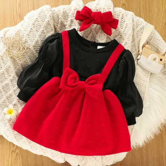 Wuxian Kids Christmas Outfit Puff Sleeve Cute Bow Ruffle Skirt Suspender Dress With Headbands Stylish Fall Winter Outfits,Black,9-12 Months