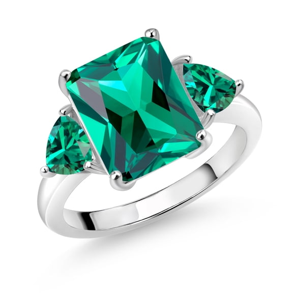 Gem Stone King 925 Sterling Silver Green Nano Emerald 3 Stone Ring for Women (6.42 Cttw, Emerald Cut 12X10MM, Trillion 5X5MM, Gemstone May Birthstone, Size 5)