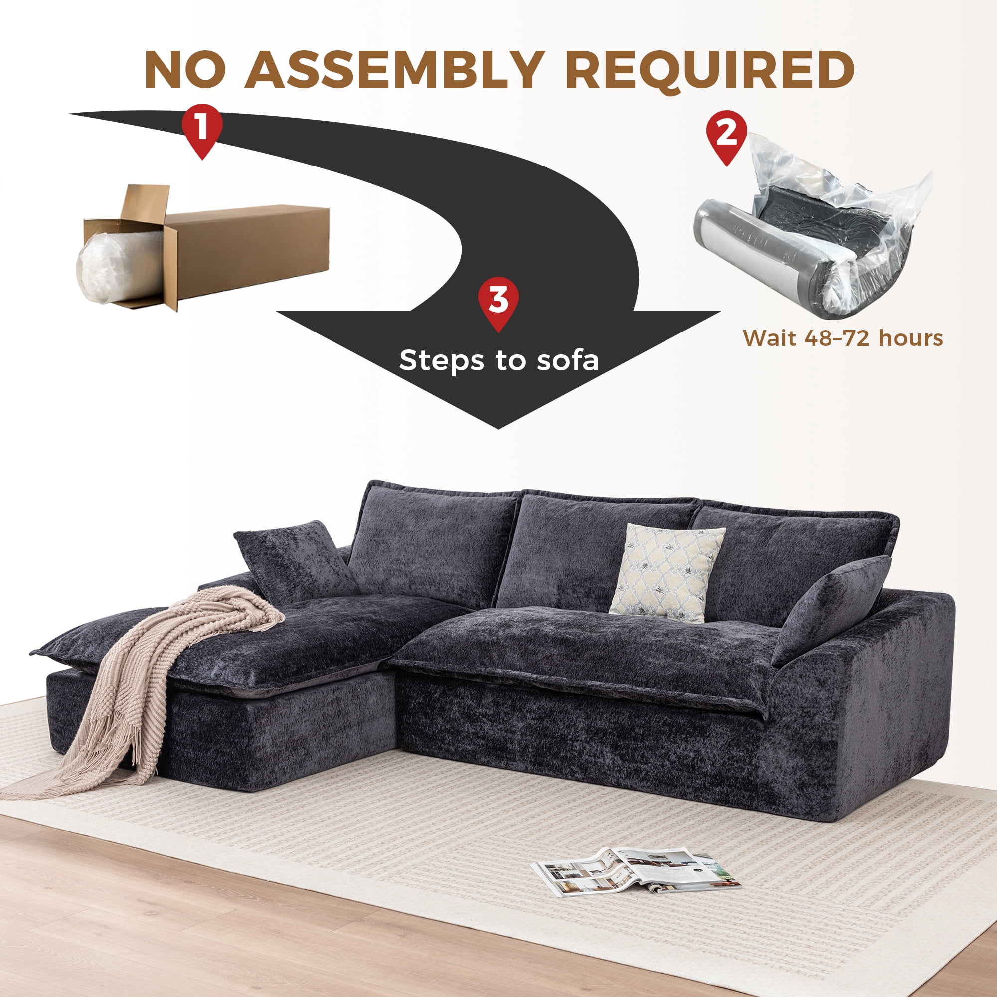 LEHZROAJ 103" Chenille Compressed Sofa,L Shaped Sectional Couch Pillows No Assembly Required for Living Room(Black,Left)