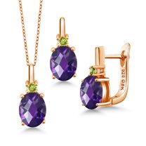 Gem Stone King 4.57 Ct Oval Checkerboard Purple Amethyst Green Peridot 18K Rose Gold Plated Silver Pendant and Earrings Jewelry Set