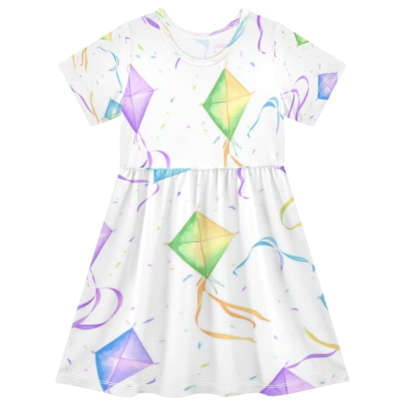 Girls Short Sleeve A-Line Dress Colorful Kites Pattern Play Dress Sizes 2T