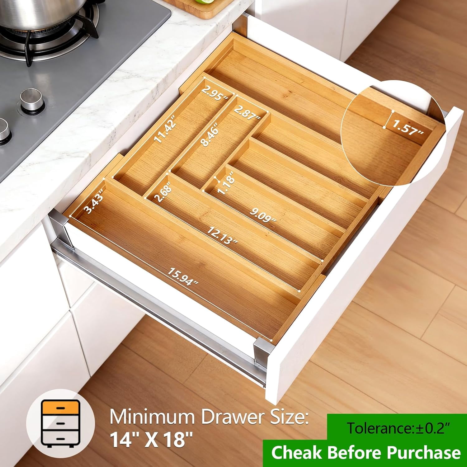 Bamboo Expandable Silverware Drawer Organizer, Adjustable Kitchen Utensil Tray for Forks, Spoons and Knives, Wood Storage Cutlery Holder for Bedroom and Living Room
