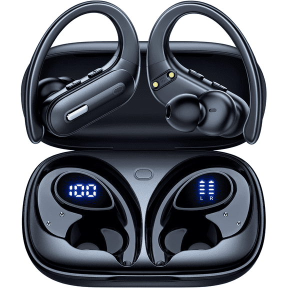 Active Noise Cancelling Wireless Earbuds Bluetooth Headphones 90 Hrs Playtime Ear Buds with Power Display Over-Ear Earphones with Earhooks IPX7 Waterproof Stereo Transparency Headset for Sports/Gym