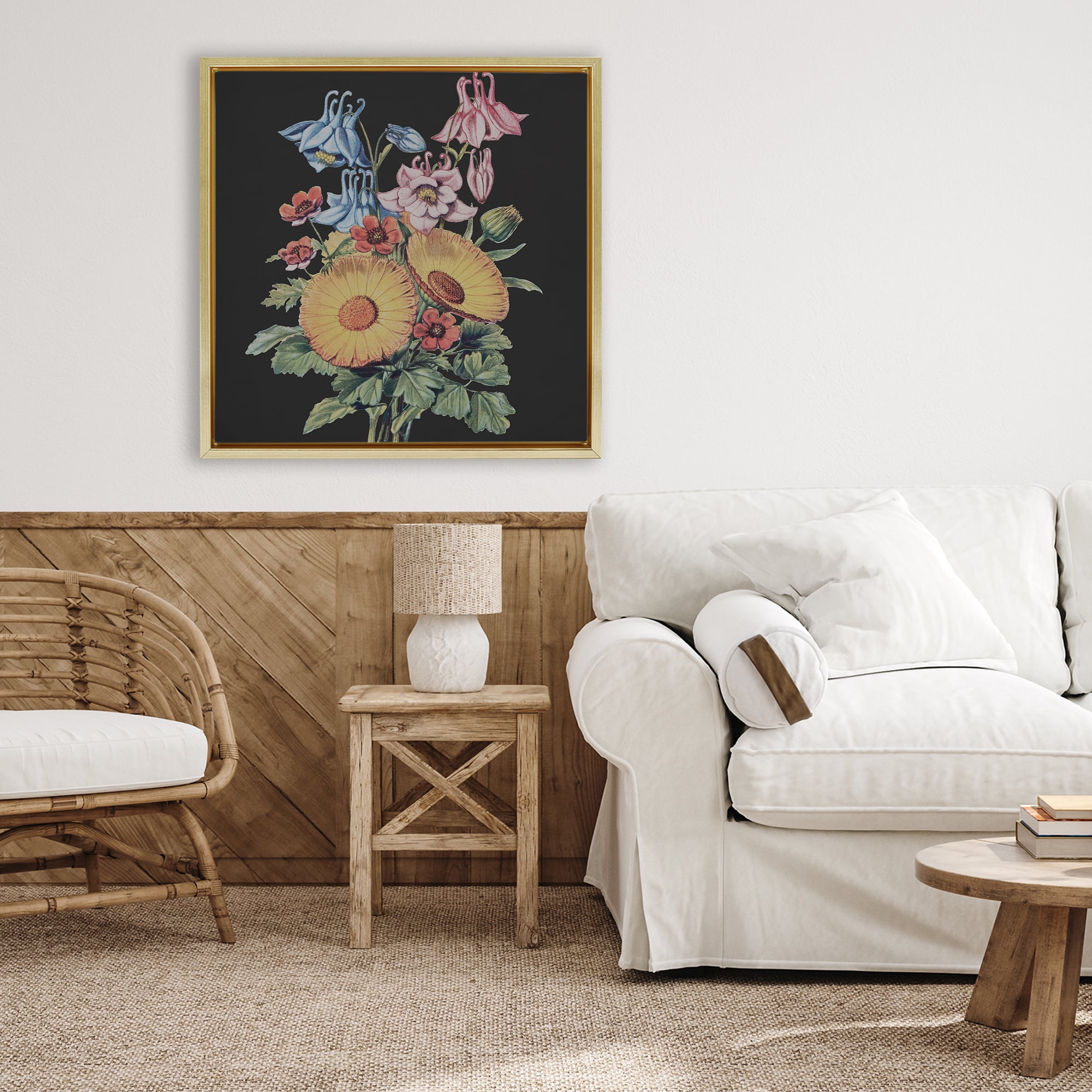 Stupell Industries Vintage Bouquet Study on Black Gold Framed Floater Canvas Wall Art, design by Dan Meneely