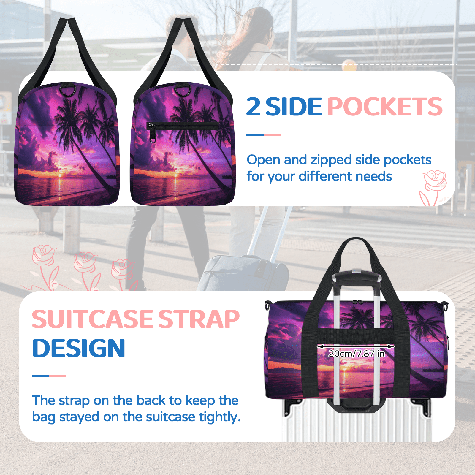Herdesigns Palm Tropical Beach Tree Travel Duffle Bag Sports Yoga Weekender Overnight Carry on Workout Bags Lightweight Waterproof Gym Tote Bag for Women