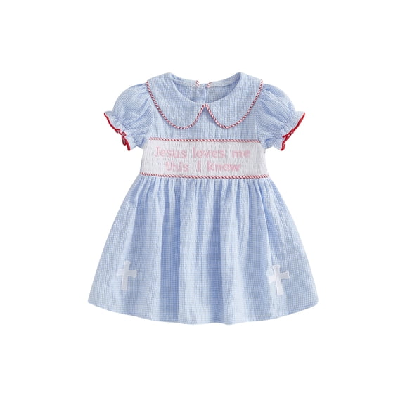 BemeyourBBs Jesus Love Me Baby Girls Clothes Toddler Baby Girl Easter Dress Outfits Summer Spring Short Sleeve Doll Collar Letter Cross Embroidery A-line Dress