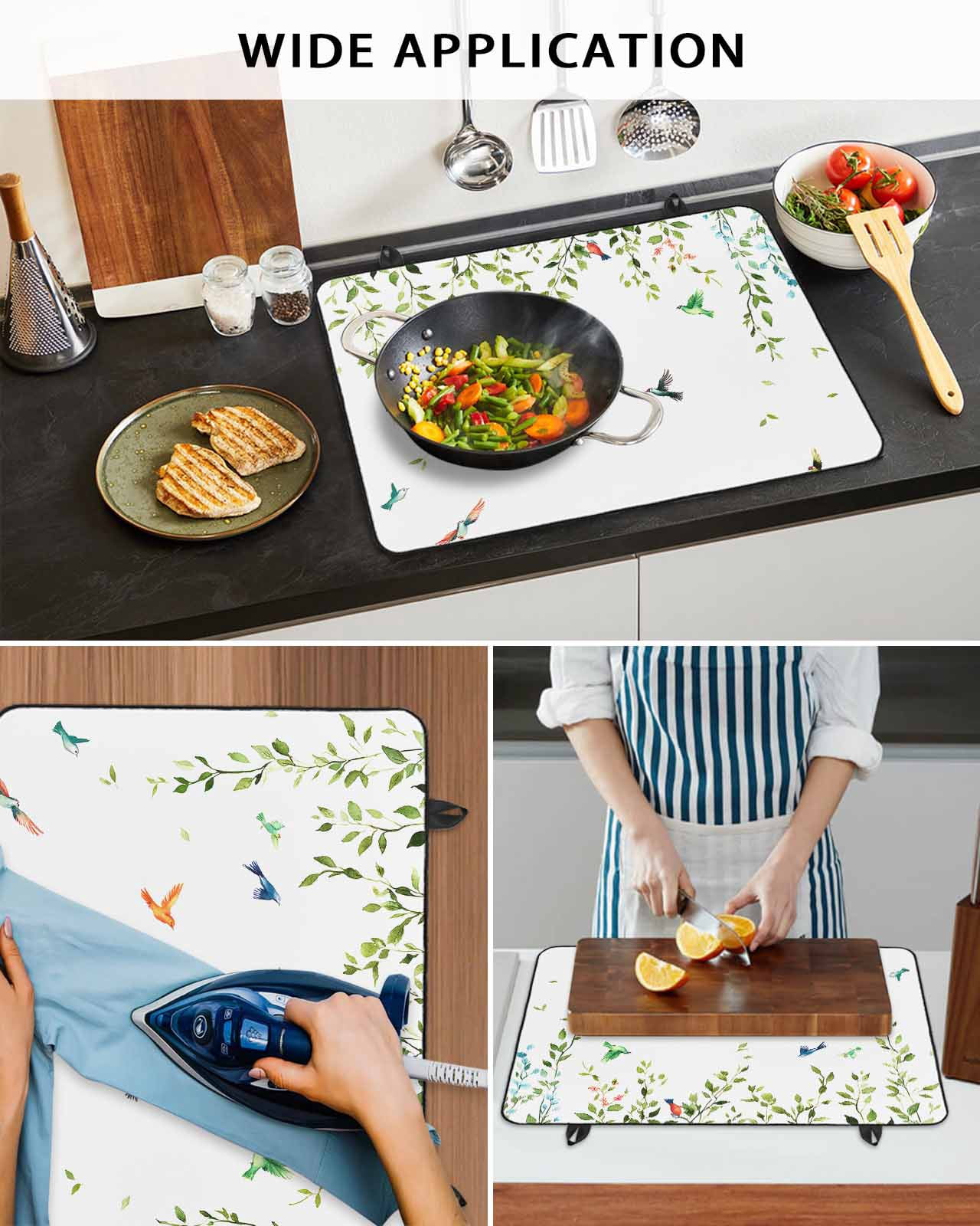 nqOlkjepod Large Induction Cooktop Protector Mat 24"x21", Eucalyptus Leaves Stove Top Covers for Electric Stove, Spring Green Birds Botanical Stove Burner Cover Mats, Glass Top Stove Cover