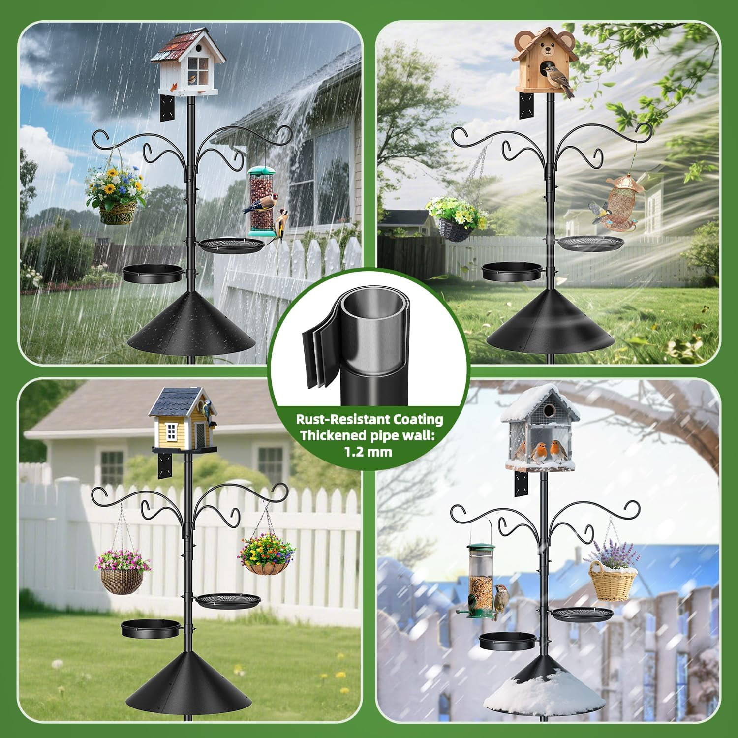 Upgraded Heavy Duty Bird Feeder Pole, 92 Inch Squirrel Proof Adjustable Bird Feeding Station,1 Inch Dia Bird House Pole, 4 Shepherd Hooks for Feeder Stand, Includes Water Bowl & Mesh Tray