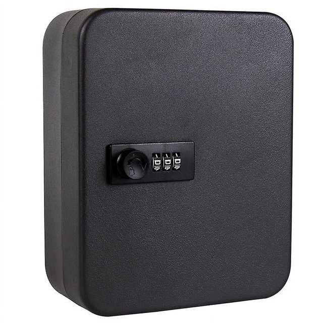 caja para llaves gabinete para llaves caja fuerte de acero caja para administración de gabinetes para llaves caja para llaves de automóvil montada en la pared con cerradura de combinación, negra vista frontal centrada de caja metálica rectangular con esquinas redondeadas, acabado texturizado, cerradura de combinación de 3 dígitos y perilla giratoria en centro-izquierda; color blanco según especificaciones; adecuada para organizar llaves en oficina o negocio y para guardar controles remotos o tarjetas de acceso.