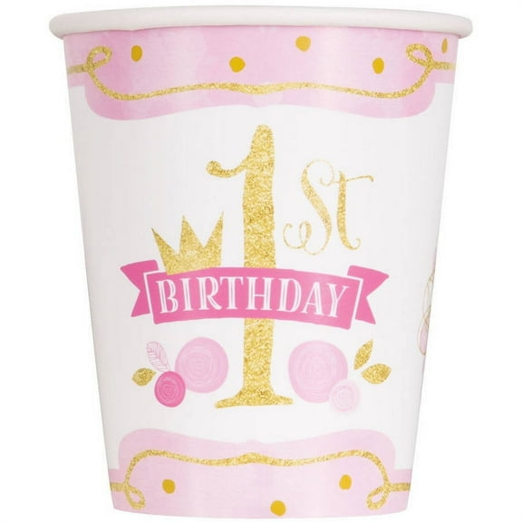 Pink and Gold First Birthday Paper 9oz Cups, 8ct