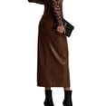 thumbnail image 3 of Women High Waisted Leather Front Thigh Slit Wrap Midi Skirt Long Pencil Bodycon Brown L, 3 of 6