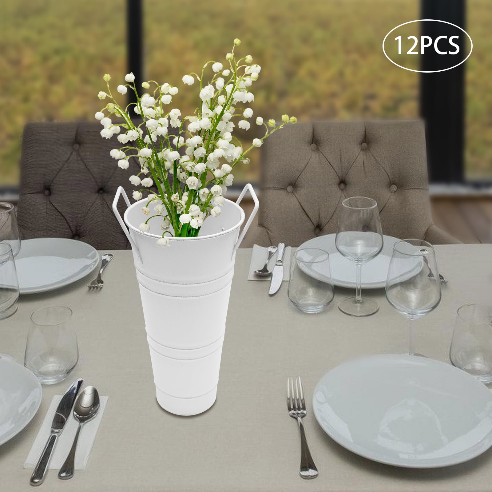 ChicHomey 12 Pcs 9Inch  White Galvanized Metal Flower Buckets,with Handles Stackable Cylindrical Flower Storage Pots for Flowers, Plants & Umbrella Storage​