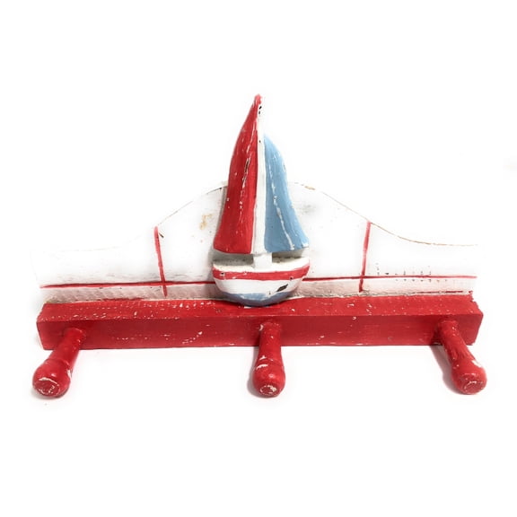 Sailboat Hanger 12" W/ 3 Pegs - Rustic Red Nautical Accent | #ORT1700328r