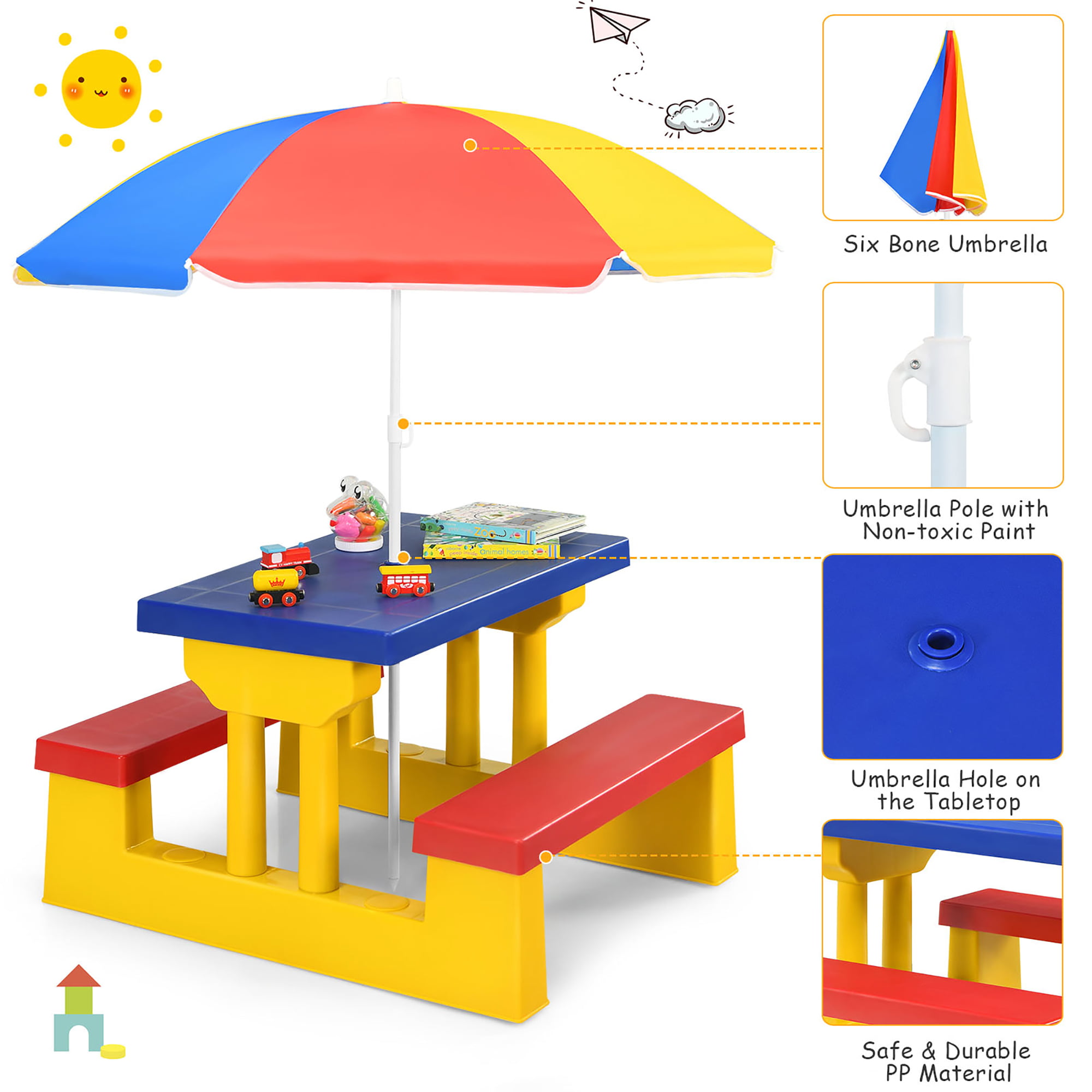 Costway Kids Picnic Table Set W/Removable Umbrella Indoor Outdoor Garden Patio - image 5 of 10