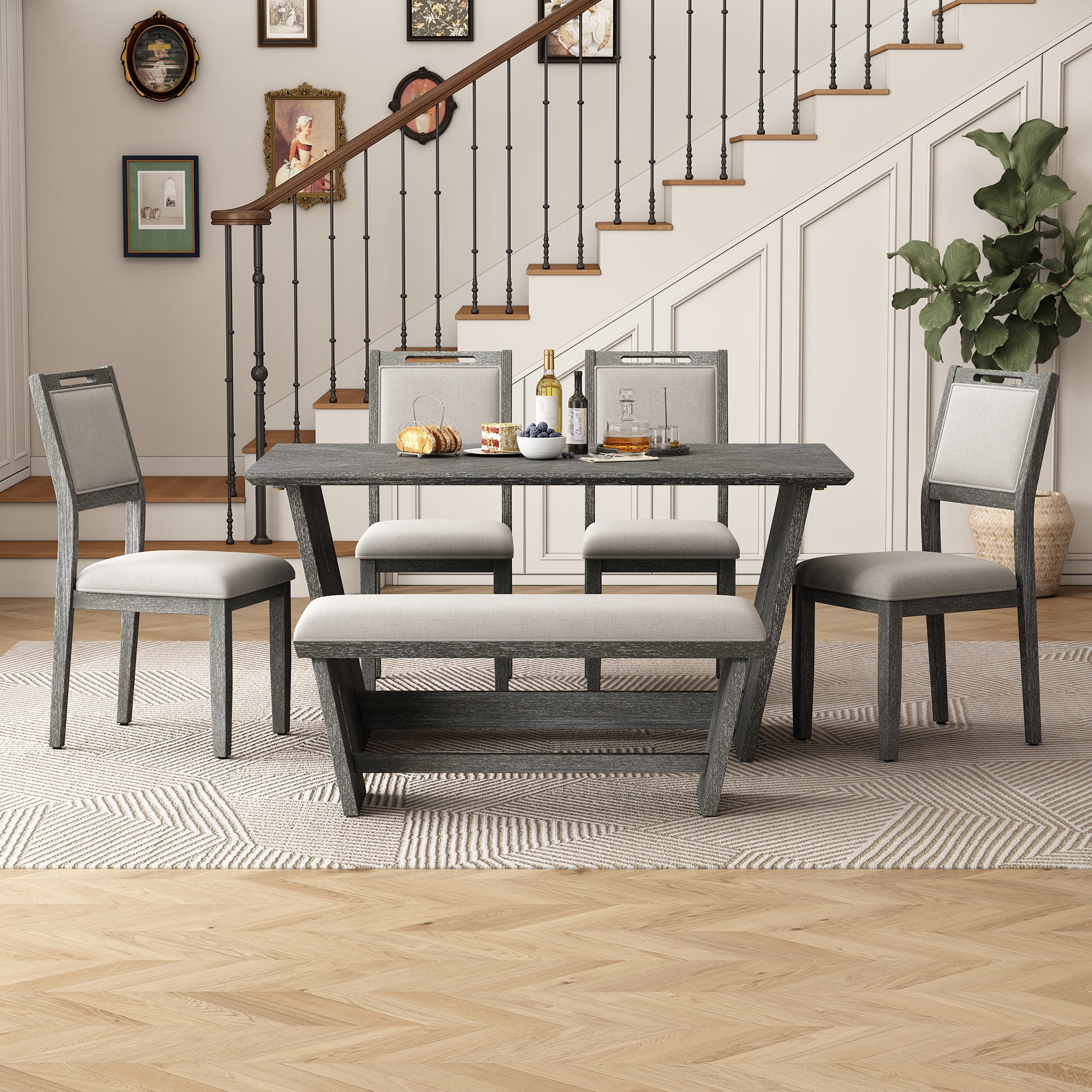 Euroco 6-Piece Dining Table Set for 6, 59.8" Retro Rectangular Kitchen Table with 4 Upholstered Chairs & 1 Bench,Dining Furniture Set for Living Room and Kitchen,Gray