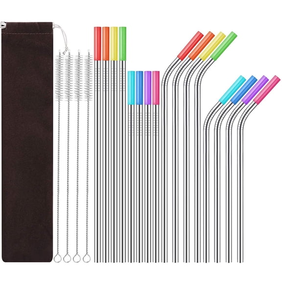 XKDOUS 20 Pack Reusable Metal Straws with Silicone Tips, Stainless Steel Drinking Straws with 4 Straw Cleaner Brush & 1 Portable Bag, Long Metal Straw for 20 24 30 oz Tumbler