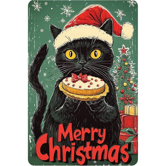 Metal Tin Sign Merry Christmas Black Cat Vintage Sign Retro Tin Sign Aluminum Sign for Bedroom Kitchen Garden Wall Bab Club Coffee Home Decor 8x12 Inch