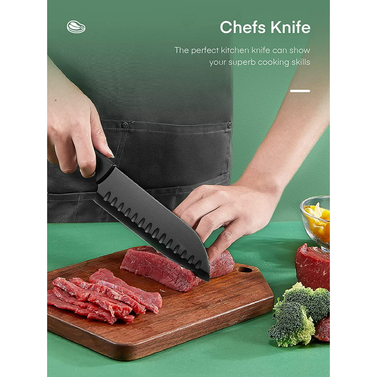 Marco Almond Kya39 12-Piece Black Kitchen Knife Set, Black Chef Knives with Sharp Blades,Blade Guards,Stainless Steel,Dishwasher Safe