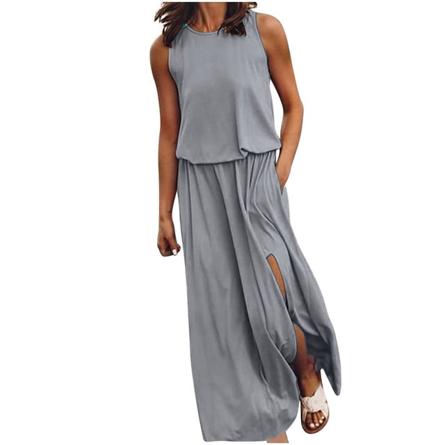 Robe d'Été 2025 pour Femmes Robes Mignonnes pour Femmes Hiver Sans Manches Col Rond Maxi Robe d'Été Décontractée Robes Couleur Unie Fente Robes pour Femmes avec Poches Ouverture