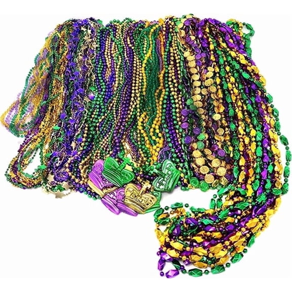 4E's Novelty Mardi Gras Beads Bulk 100 Pack, Purple Green Gold Metallic Necklaces for Party Favors
