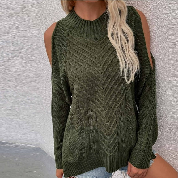 TrendVibe365 Pullover Sweaters for Women Soft Crew Neck Pullover Cold Shoulder Top Plain Cut Out Tee Shirt Oversized Cable Knit Outfits Casual Cozy Sexy Winter Clothes Army Green S