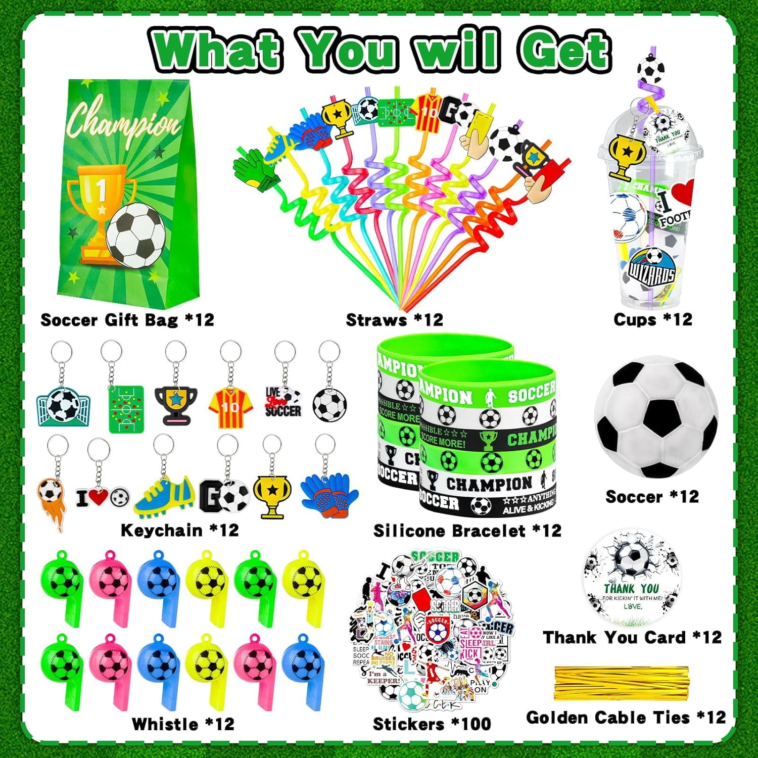 Natonhi 208pcs Soccer Party Favors Party Supplies Contains Soccer Goodie Bags Cups Straw Stickers Mini Soccer Silicone Bracelets Keychains Thank You Tags Ideal Soccer
