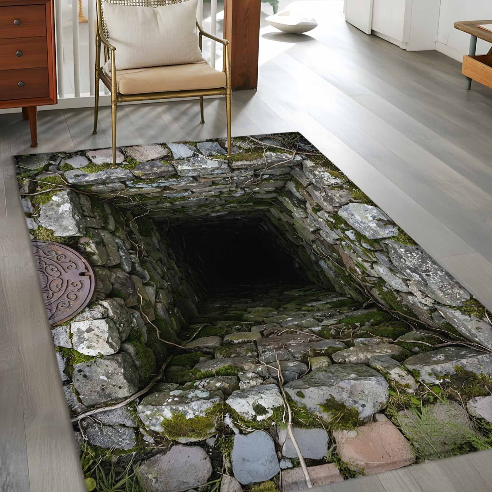 3D Optical Illusion Area Rugs 3'x5', Washable Small Throw Rugs for Living Room Bedroom, Visual Trap Looks Like Holes Teal Indoor Outdoor Rug Non-Slip Low Pile Carpet Runner Reversible Floor Mats