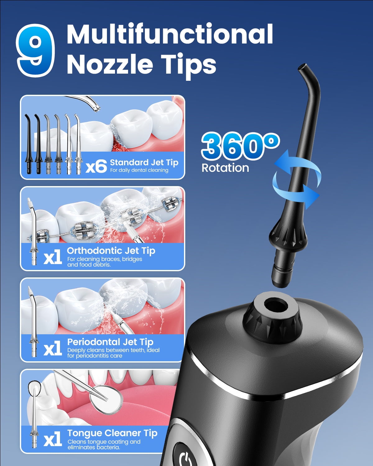 JTF Cordless Water Flosser for Teeth: 3 Modes & 10 DIY Pressure Levels Portable Oral Irrigator for Braces & Sensitive Gums with 9 Tips & 300ML Tank, Rechargeable Electric Dental Pick for Home Travel