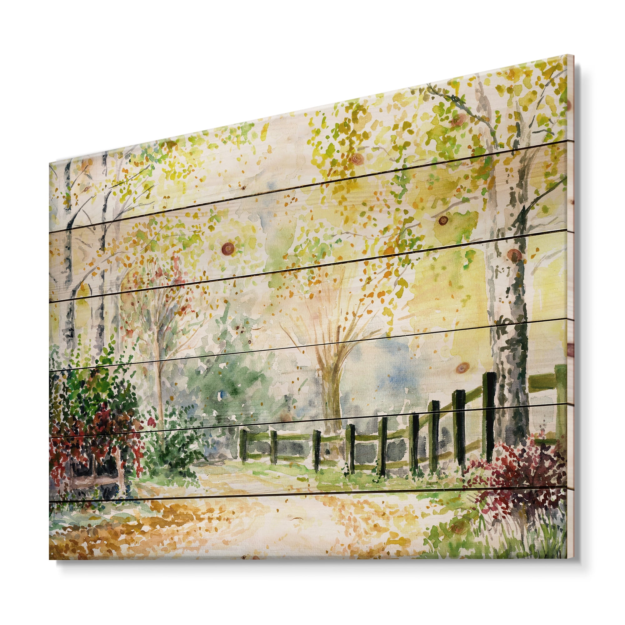Designart 'Autumn Countryside The Afternoon Landscape' Traditional Print on Natural Pine Wood
