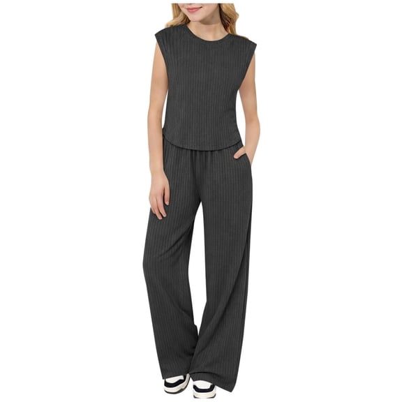 Otqutp Girls Summer 2 Piece Outfits Cap Sleeve Shirts Wide Leg Pants Sets Kids Ribbed Knit Matching Set Travel Vacation Clothes 2026