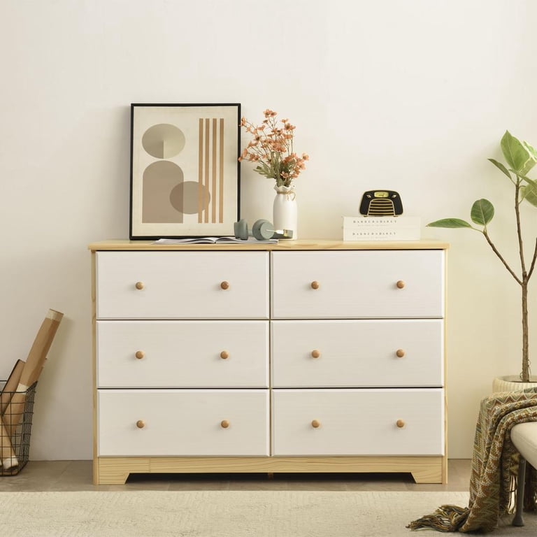 Better Home Products Solid Pine Wood 6 Drawer Double Dresser in Natural &  White.