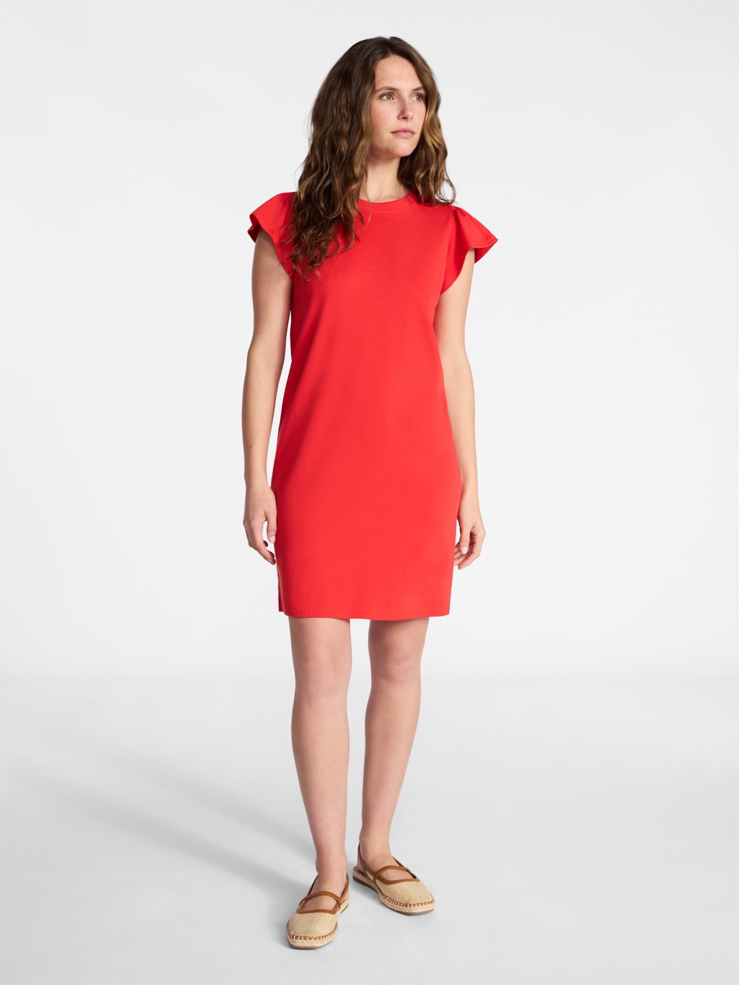 Time and Tru Women's Cotton T-Shirt Mini Dress with Short Flutter Sleeves, Sizes XS-XXXL