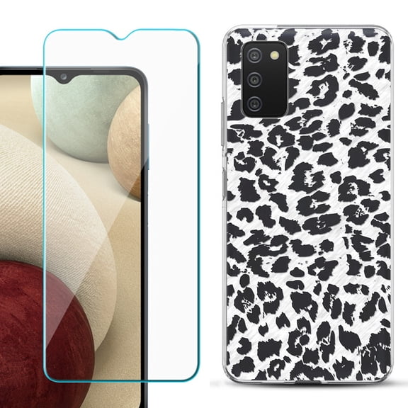 Slim-Fit TPU Fashion Phone Case for Samsung Galaxy A03s, with Tempered Glass Screen Protector, by OneToughShield ® - Cheetah B/W