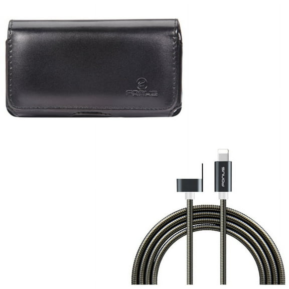 Metal USB Cable w Case Belt Clip for iPhone 8/7/6S/6 - 3ft Charger Cord Power Wire Sync, Leather Swivel Holster Loops Cover for iPhone 8/7/6S/6 Models