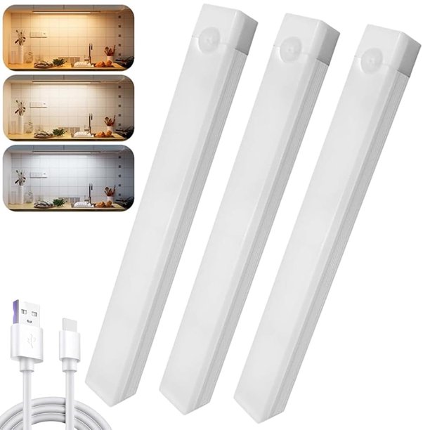 3 Piezas Luz LED con Sensor de Movimiento Bajo el Armario, Luz LED Recargable, 3 Temperaturas de Color Lámpara para Cocina, Clóset, Pasillo (Transparente)