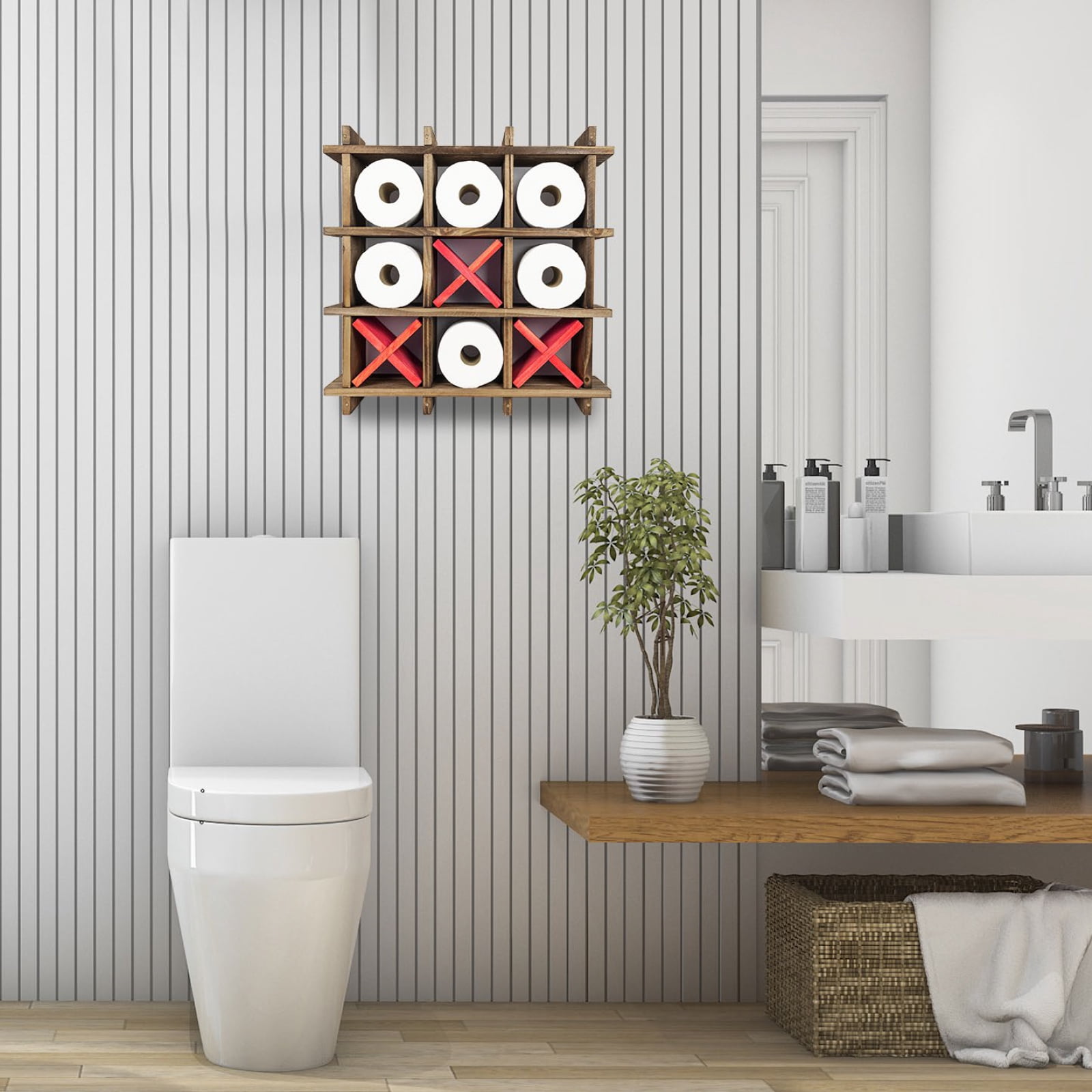 Excello Global Products Rustic Wooden Toilet Paper Holder: Tic Tac Toe Design for Wall Mounted or Freestanding Bathroom Tissue Roll Storage Organizer - EGP-HD-0162-OS