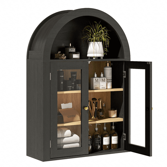 Black Engineered Wood Arch Wall Cabinet with Glass Doors & 4-Tier Shelves