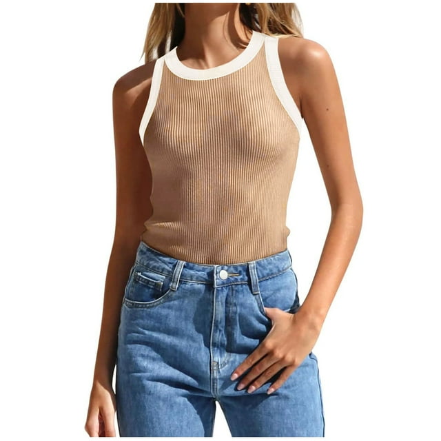 Summer Savinghs KIHOUT Summer Tops for Women, Womens Summer Sleeveless Tank Tops Ribbed High Neck Racerback Slim Fitted Color Block Casual Shirts (Khaki M)